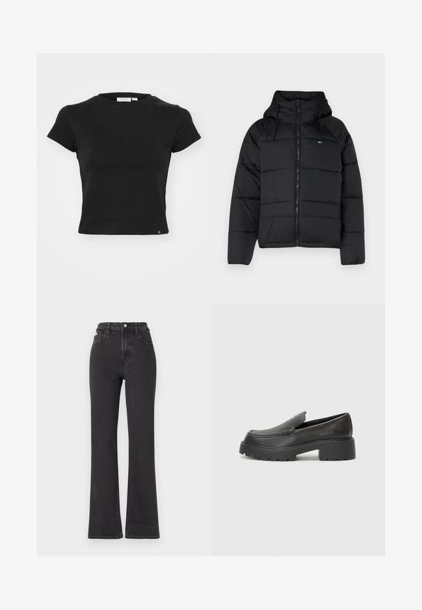 Musthave mustaga, millel on kapuuts, ees lukk, reguleeritavad nöörid ja tikitud disain. Pehme ja kerge kangas.; Must kollaste varrukatega t-särk, mis on valmistatud puuvillast, omanik ümmargust kaelust, sobiv kuju ja väike logo silt allservas.; Mustad kõrge vöökohaga laienevad teksapüksid, mis on valmistatud denimist, varustatud nööbiga kinnitamise, vöörihmade ja küljetaskutega. Sile tekstuur minimaalse pleekimisega.; Mustad nahast loafers ümarate varvastega, paksu tekstuuriga tald ja minimaalsete õmbluse detailidega. Viimistletud disain, kus pole nähtavaid paelu ega riistu.