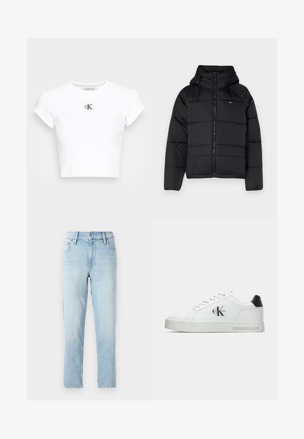 Chaqueta acolchada negra con capucha, con cremallera frontal, cordones ajustables y diseño acolchado. Tejido suave y ligero.; Camiseta corta blanca hecha de tela acanalada. Presenta un escote redondo y mangas cortas. Logotipo "cK" bordado en negro en el pecho.; Jeans de mezclilla azul claro, diseño de pierna recta, cintura media, con estilo de cinco bolsillos y cierre de botón en la parte frontal.; Zapatilla blanca de cuero con punta redonda, suela plana y acento negro en el talón. Presenta el logo de Calvin Klein en negro en el lateral y el nombre de la marca en relieve.