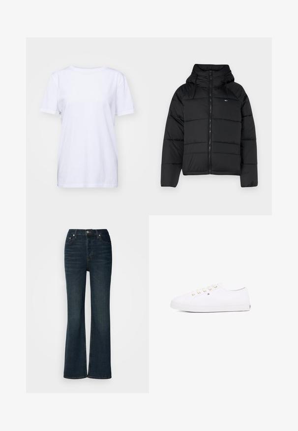 Black padded jacket with a hood, featuring a front zipper, adjustable drawstrings, and quilted design. Soft, lightweight fabric.; White cotton t-shirt with a crew neckline, short sleeves, and a relaxed fit. Smooth texture and no visible patterns or embellishments.; Denim flared jeans in dark indigo with a fitted waist, five-pocket design, and subtle whiskering detail on the front.; White canvas sneaker with gold eyelets, flat laces, textured rubber sole, and minimal branding on the side. Low-profile design.