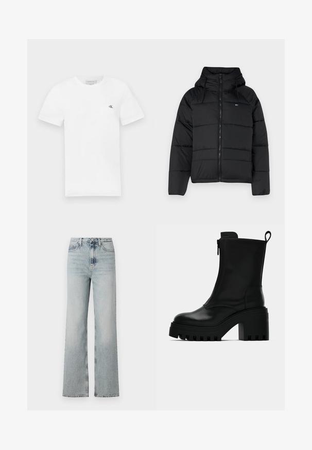 Sort polstret jakke med hætte, der har en frontend lynlås, justerbare snore og quiltet design. Blødt, letvægtsstof.; Hvid bomulds t-shirt med korte ærmer og rund halsudskæring. Har et lille sorte "ck" logo på venstre bryst. Glat tekstur.; Høj talje, lyseblå denim jeans med bred benlængde, der har fem lommer og subtile falminger langs stoffet.; Sorte læder ankelstøvler med kraftig sål, blokhæl, lynlås i siden og trækflap bagpå på en ensfarvet hvid baggrund.