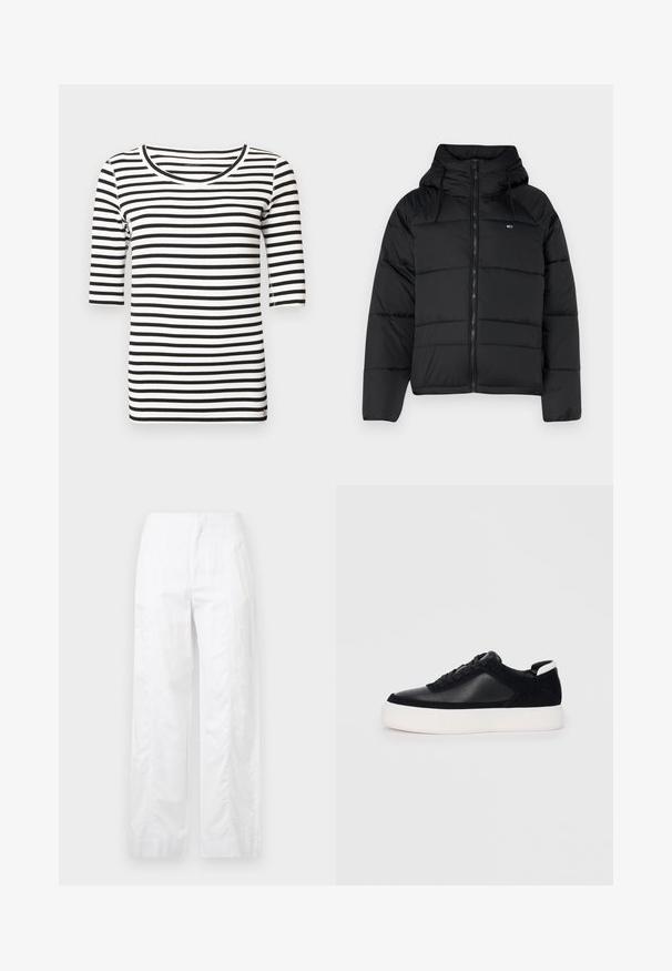 Casaco acolchoado preto com capuz, apresentando um fecho éclair frontal, cordões ajustáveis e design acolchoado. Tecido macio e leve.; T-shirt às riscas pretas e brancas com decote redondo e mangas de comprimento três quartos. Tecido de algodão suave com um corte ajustado.; Calças brancas de perna larga feitas de um tecido leve, com uma textura suave, linhas limpas e um design de cintura alta.; Sapatilha preta com painéis de pele lisa e camurça, atacadores planos, bico arredondado e sola de borracha branca. Logótipo distinto no calcanhar.