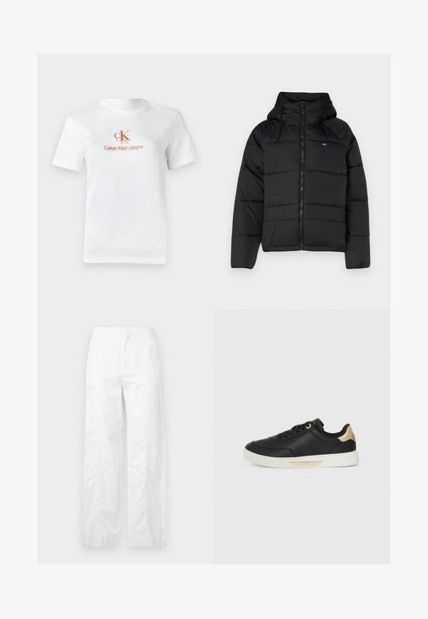 Giacca nera imbottita con cappuccio, dotata di zip frontale, lacci regolabili e design trapuntato. Tessuto morbido e leggero.; T-shirt bianco in cotone a maniche corte. Presenta un logo stampato in marrone chiaro: "CK" sopra il testo "Calvin Klein Jeans". Design classico con collo a giro.; Pantaloni bianchi a gamba larga realizzati in tessuto leggero, con una texture liscia, linee pulite e un design a vita alta.; Sneaker in pelle nera con una texture liscia, suola in gomma bianca, dettagli dorati sul tallone e sui passanti dei lacci, con logo sul lato.