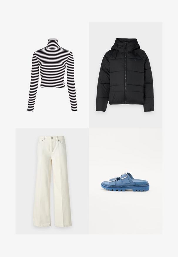 Fekete puffasztott kabát kapucnival, elülső cipzárral, állítható húzózsinórral és steppelt dizájnnal. Puha, könnyű anyag.; Fekete-fehér csíkos garbó felső hosszú ujjakkal és rövidített dizájnnal, bordázott anyagból készült. A hem alatt kis márkalogó található.; Bőszárú fehér farmernadrág pamut keverék anyagból. Cipzáras záródással, öt zsebes kialakítással és varrással a varratok mentén.; Kék platform szandálok két állítható csatstrapával, texturált gumitalppal és sima felső anyaggal. Tömeges, lekerekített dizájn.