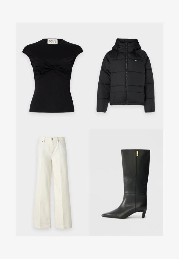 Črna podložena jakna s kapuco, ki ima sprednji zadrgo, nastavljive vrvice in kvadratni dizajn. Mehka, lahka tkanina.; Črn top s kratkimi rokavi, ki ima zvit sprednji del in prilegajočo silhueto. Narejen iz gladkega raztegljivega materiala. Znamka: TOVE.; Široke bele kavbojke so narejene iz mešanice bombaža. Imajo zadrgo, pet žepov in šive vzdolž šivov.; Črne usnjene škornje do kolen s koničastim nosom in majhnim petam. Imajo elegantno zasnovo z zlatim poudarkom. Gladka tekstura.