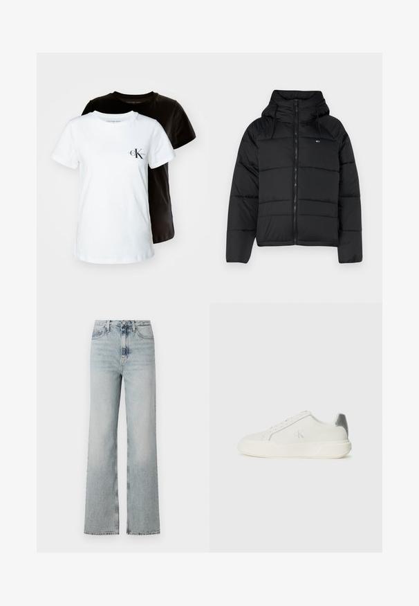 Mustat pehmustetut takki huppulla, jossa on edessä vetoketju, säädettävät nauhat ja tikattu muotoilu. Pehmeä, kevyt kangas.; Kaksi lyhythihaista t-paitaa, valkoisena ja mustana, valmistettu puuvillasta. Valkoisessa paidassa on pieni CK-logo vasemmassa rintakehässä.; Korkeavyötäröiset vaaleansiniset farkut, joissa on leveä lahje, viisi taskua ja hillitty haalistuminen kankaassa.; Valkoinen nahkakenkä, jossa on sileä pinta, hopeinen yksityiskohta kantapäässä, tasapohja ja minimalistinen muotoilu.