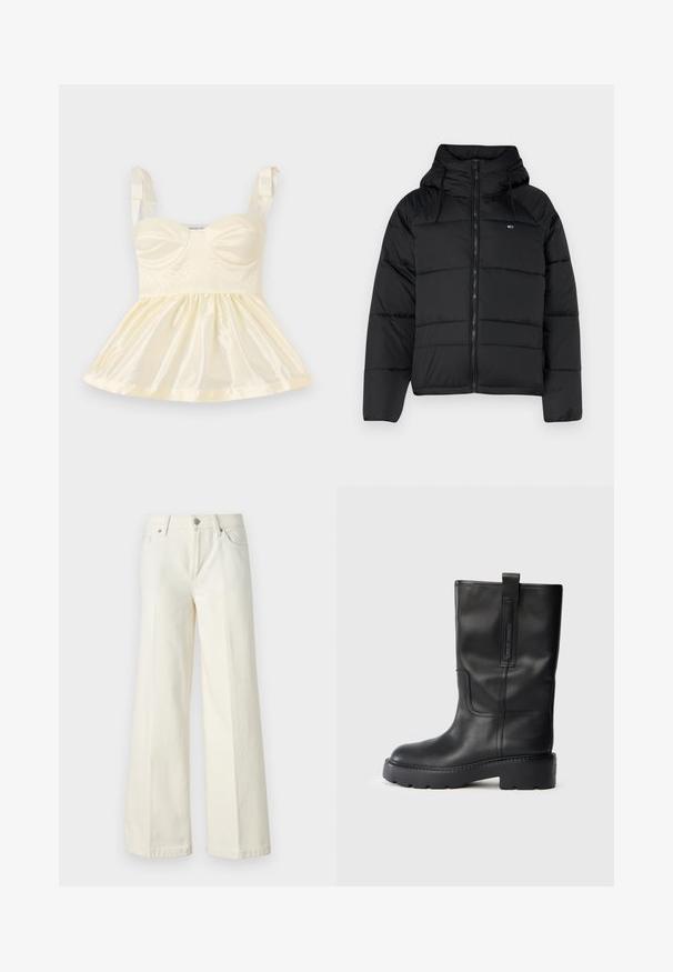 Casaco acolchoado preto com capuz, apresentando um fecho éclair frontal, cordões ajustáveis e design acolchoado. Tecido macio e leve.; Top de cetim amarelo claro com corpete justo, saia franzida e alças de fita. Detalhes texturizados visíveis na frente.; Calças jeans brancas de perna larga, feitas de tecido de algodão misto. Apresentam fecho de correr, design de cinco bolsos e costura ao longo das costuras.; Botas pretas de couro até ao joelho com um design elegante, apresentando uma sola grossa e uma aba lateral para fácil colocação. Detalhes de costura notáveis.