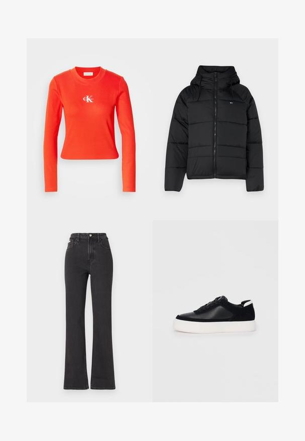 Jachetă neagră căptușită cu glugă, cu fermoar frontal, șnururi ajustabile și design matlasat. Material moale și ușor.; Tricou din bumbac roșu cu mânecă lungă, cu o textură ribbed și decolteu circular. Prezintă un logo alb pe piept. Design cropped.; Jeans negre cu talie înaltă, evazate, din denim, cu închidere prin buton, bucle pentru curea și buzunare laterale. Textură netedă, cu decolorare minimă.; Sneaker negru cu piele netedă și panouri din întăritură, șireturi plate, vârf rotund și talpă din cauciuc alb. Logo distinct pe călcâi.