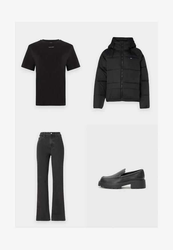 Musthave mustaga, millel on kapuuts, ees lukk, reguleeritavad nöörid ja tikitud disain. Pehme ja kerge kangas.; Must musta t-särk lühikeste käistega, ümberringi kaelusega ja väikese valge "Calvin Klein" logo'ga rinnal. Sile tekstuur, klassikaline lõige.; Mustad kõrge vöökohaga laienevad teksapüksid, mis on valmistatud denimist, varustatud nööbiga kinnitamise, vöörihmade ja küljetaskutega. Sile tekstuur minimaalse pleekimisega.; Mustad nahast loafers ümarate varvastega, paksu tekstuuriga tald ja minimaalsete õmbluse detailidega. Viimistletud disain, kus pole nähtavaid paelu ega riistu.