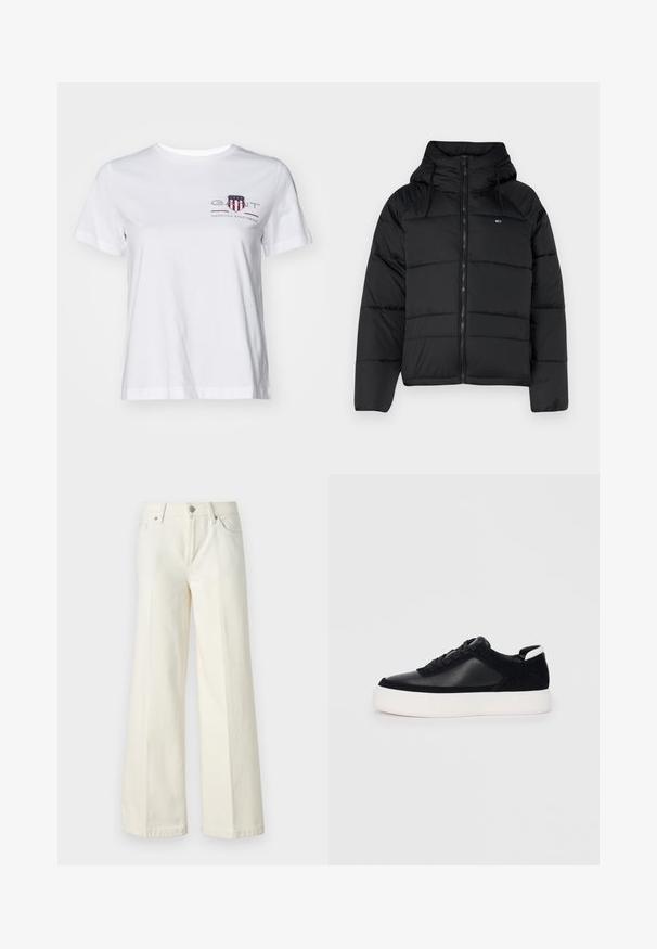Čierna prešívaná bunda s kapucňou, má predný zips, nastaviteľné šnúrky a prešívaný dizajn. Mäkkučká, ľahká tkanina.; Biela bavlnená tričko s krátkymi rukávmi, okrúhlym výstrihom a vyšitým červeným a modrým logom na ľavej strane. Hladká textúra, uvoľnený strih.; Biele džínsy s širokými nohavicami vyrobené z bavlnenej zmesi. Majú zips, päť vreciek a švy so zafarbením.; Čierne tenisky s hladkou kožou a semišovými panelmi, plochými šnúrkami, zaoblenou špičkou a bielou gumovou podrážkou. Výrazné logo na päte.