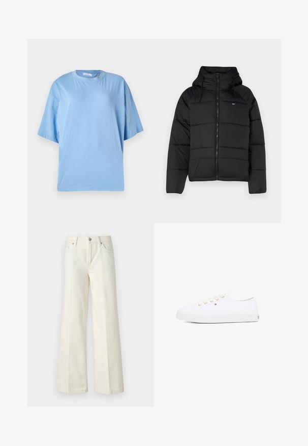 Melnas polsterētas jakas ar kapuci, ar priekšējo rāvējslēdzi, pielāgojamām auklām un izšūtu dizainu. Mīksts, viegls audums.; Gaiši zila, pārāk liela T-kreklu ar mīkstu kokvilnu. Iezīmē īsas piedurknes, apaļu kaklu un brīvu piegriezumu ar gludu tekstūru.; Platās kāju baltās džinsas, izgatavotas no kokvilnas maisījuma auduma. Tām ir rāvējslēdzēja josta, piecu kabatu dizains un šuvju izšuvumi gar šuvēm.; Balti kanvas sporta apavi ar zeltītām acīm, plakanām šņorēm, teksturētu gumijas zoli un minimālu zīmolu uz sāniem. Zema profila dizains.