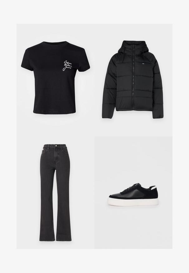 Fekete puffasztott kabát kapucnival, elülső cipzárral, állítható húzózsinórral és steppelt dizájnnal. Puha, könnyű anyag.; Fekete pamut rövid ujjú póló, bal mellején fehér "Calvin Klein Jeans" logóval. Kerek nyakkivágás, laza fazon.; Fekete, magas derekú, trapéz fazonú farmernadrág, gombos záródással, övrésszel és oldalsó zsebekkel. Sima textúrájú, minimális kopással.; Fekete sportcipő sima bőrből és velúr panelekkel, lapos fűzőkkel, kerek orral és fehér gumi talppal. Megkülönböztető logó a sarkán.