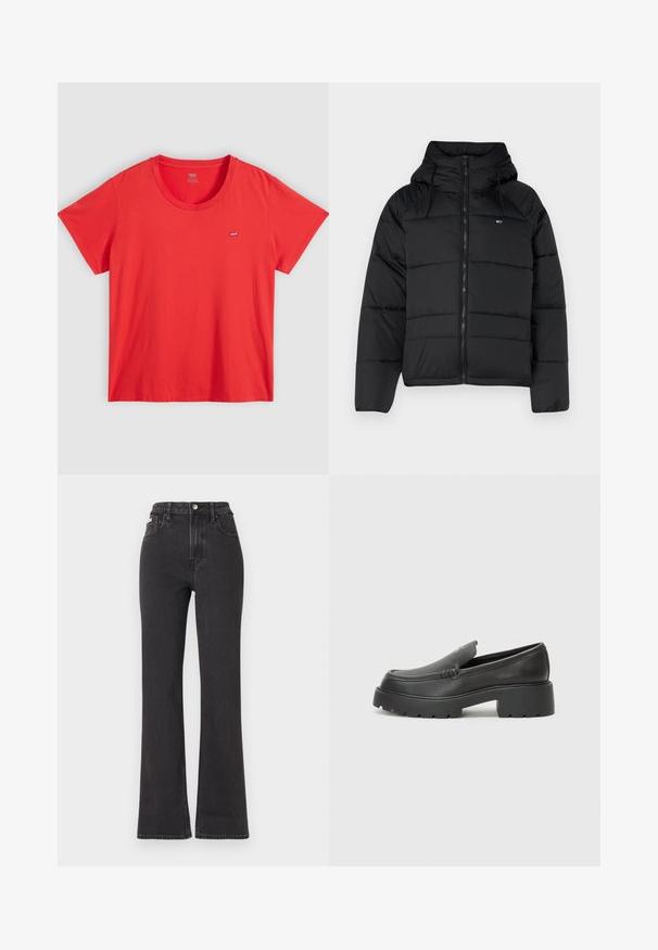 Giacca nera imbottita con cappuccio, dotata di zip frontale, lacci regolabili e design trapuntato. Tessuto morbido e leggero.; T-shirt in cotone rosso con collo a giro, maniche corte e una piccola etichetta con il logo Levi's sul lato sinistro del petto. Texture liscia, vestibilità comoda.; Jeans neri a vita alta e a zampa d'elefante in denim, con chiusura a bottoni, passanti per cintura e tasche laterali. Texture liscia con minimal fading.; Mocassini in pelle nera con punta arrotondata, suola spessa e testurizzata, e minime cuciture. Design elegante senza lacci o parti metalliche visibili.