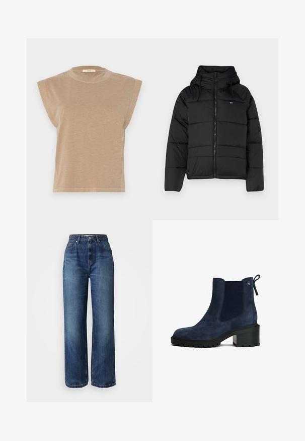 Giacca nera imbottita con cappuccio, dotata di zip frontale, lacci regolabili e design trapuntato. Tessuto morbido e leggero.; Top beige a maniche corte con una vestibilità rilassata, spalle leggermente scese e scollatura rotonda. Realizzato in tessuto morbido con una texture liscia.; Jeans in denim blu a gamba larga con vita alta, caratterizzati da un classico stile a cinque tasche e una leggera scoloritura. Finiti con chiusura a zip e bottone.; Stivale alla caviglia navy in suede con pannelli laterali elasticizzati, tacco testurizzato, suola in gomma e linguetta, caratterizzato da un sottile accent di logo.