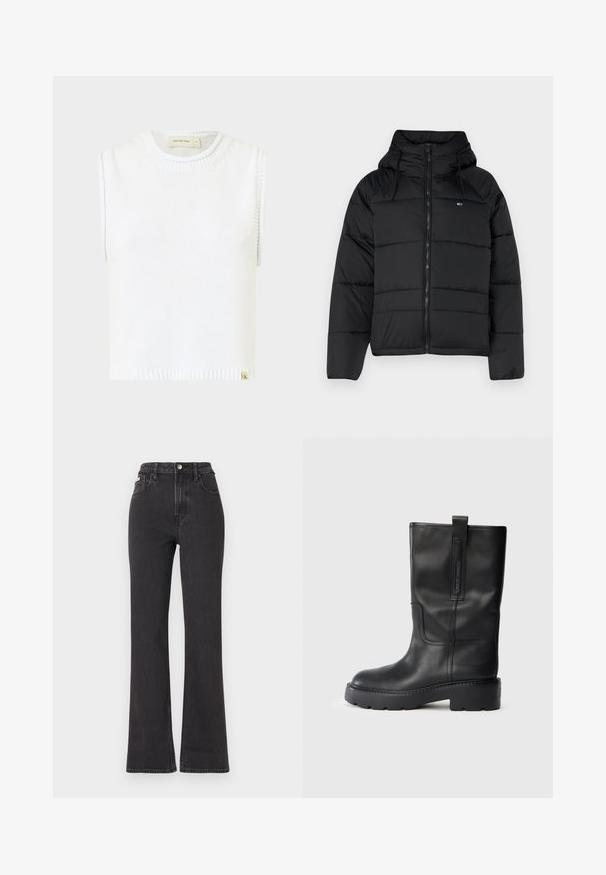 Svart vadderad jacka med huva, med dragkedja fram, justerbara snoddar och kviltad design. Mjuk och lätt tyg.; Vit ärmlös stickad top med rund halsringning, ribbad fåll och sidsömnadsdetaljer; har en liten logotag med varumärke i botten.; Svarta högmidjade utsvängda jeans i denim, med knappknäppning, bältesöglor och sidofickor. Slät textur med minimal urtvättning.; Svarta läderknähöga stövlar med en stilren design, som har en tjock sula och en dragflik på sidan för enkel påtagning. Iögonfallande sömnadsakcentueringar.