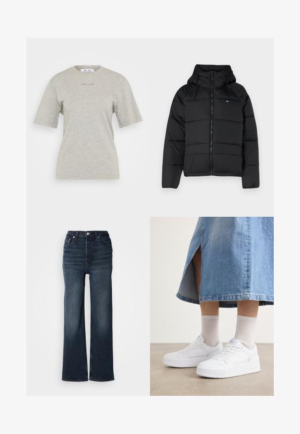 Musthave mustaga, millel on kapuuts, ees lukk, reguleeritavad nöörid ja tikitud disain. Pehme ja kerge kangas.; Helehall puuvillane t-särk lühikeste varrukatega ja ümarate kaelustega. Ees on reljeefne brändi tekst. Sile tekstuur.; Tumedast sinisest denimist laiade jalgevahega teksad. Kõrge vöökoht, ees nööbiga sulgemine ja küljetaskud. Sile tekstuur ja klassikaline lõige.; Valged seemnetega nahast tossud, millel on platvormpõhi, ümar nina ja sidumise süsteem; koos heledate hallide lühikesed sokid ja teksaseelikuga.