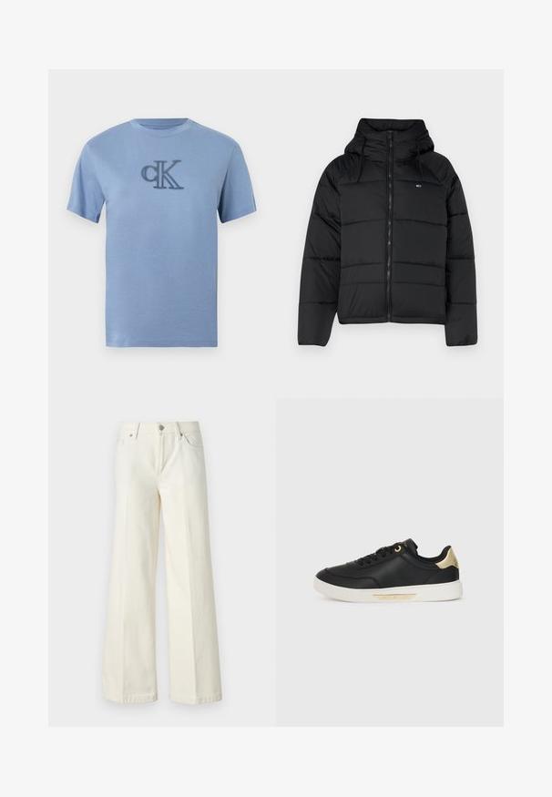 Casaco acolchoado preto com capuz, apresentando um fecho éclair frontal, cordões ajustáveis e design acolchoado. Tecido macio e leve.; T-shirt azul claro de manga curta feita de algodão, com um logotipo "cK" bordado na parte da frente. Gola redonda e corte padrão.; Calças jeans brancas de perna larga, feitas de tecido de algodão misto. Apresentam fecho de correr, design de cinco bolsos e costura ao longo das costuras.; Sapatilha preta em couro com textura suave, sola de borracha branca, detalhes em dourado no calcanhar e nos ilhós, apresentando um logotipo na lateral.