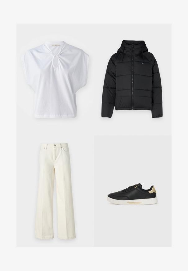 Schwarze gepolsterte Jacke mit Kapuze, ausgestattet mit einem frontalen Reißverschluss, verstellbaren Kordeln und gestepptem Design. Weicher, leichter Stoff.; Weißes kurzärmliges Oberteil aus Baumwolle mit einem Rundhalsausschnitt und einem Schlüssellochdetail sowie einer lockeren, kastigen Passform. Glatte Textur in einfarbig.; Weite weiße Jeans aus einem Baumwollmischgewebe. Verfügt über einen Reißverschluss, ein Fünf-Taschen-Design und Nähte entlang der Säume.; Schwarze Ledersneaker mit glatter Textur, weißer Gummisohle, goldenen Akzenten an der Ferse und den Ösen, mit einem Logo an der Seite.