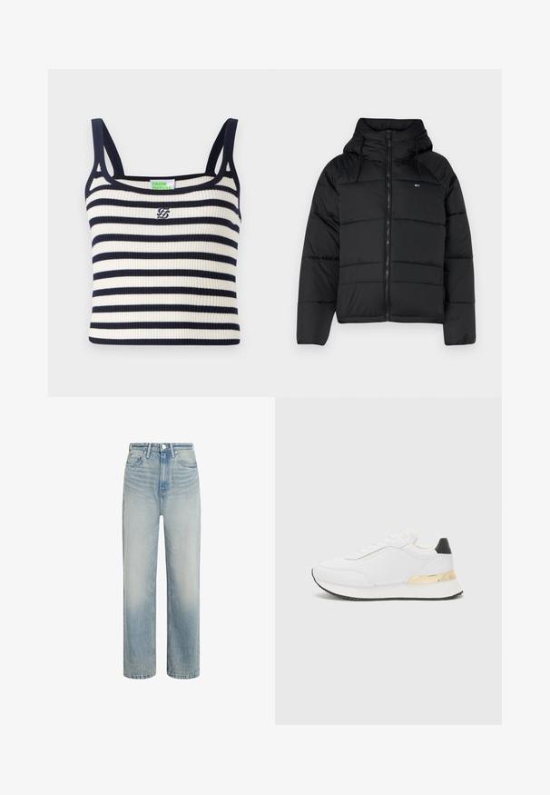 Juodas pūkų striukė su gobtuvu, su priekiniais užtrauktukais, reguliuojamomis raištelėmis ir siuvinėta struktūra. Minkšta, lengva medžiaga.; Ribota maža su laivyno mėlynos ir baltos horizontaliomis juostelėmis. Turi siauras petnešėles ir mažą siuvinėtą logotipą krūtinėje.; Šviesiai mėlynos džinsinės kelnės su tiesiais žandikauliais, aukštu liemeniu ir išblukusia tekstūra. Su priekinėmis sagomis ir klasikiniu penkių kišenių dizainu.; Balti sportbačiai su lygiu paviršiumi, su juodu kulno akcentu ir auksiniu metaliniu detaliu ant tarpiklio. Laidiška konstrukcija, guminis padas.