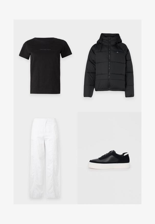 Black padded jacket with a hood, featuring a front zipper, adjustable drawstrings, and quilted design. Soft, lightweight fabric.; Black cotton t-shirt with a rounded neckline and short sleeves. Features subtle branding in gray across the chest area.; White wide-leg trousers made of lightweight fabric, featuring a smooth texture, clean lines, and a high waist design.; Black sneaker with smooth leather and suede panels, flat laces, rounded toe, and a white rubber sole. Distinct logo on the heel.