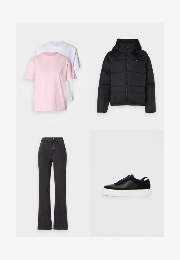 Casaco acolchoado preto com capuz, apresentando um fecho éclair frontal, cordões ajustáveis e design acolchoado. Tecido macio e leve.; Duas T-shirts: uma cor-de-rosa clara e uma branca. Ambas são de manga curta, feitas de algodão, com gola redonda e um pequeno logotipo no peito.; Jeans flared pretos de cintura alta feitos de denim, com fecho de botão, passadores para cinto e bolsos laterais. Textura suave com desbotamento mínimo.; Sapatilha preta com painéis de pele lisa e camurça, atacadores planos, bico arredondado e sola de borracha branca. Logótipo distinto no calcanhar.