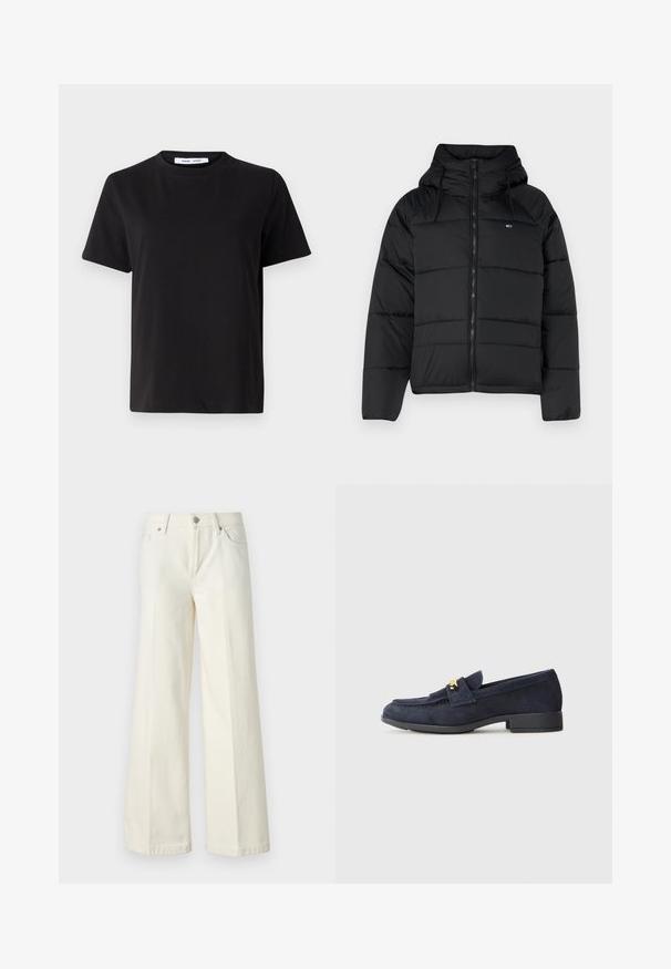 Črna podložena jakna s kapuco, ki ima sprednji zadrgo, nastavljive vrvice in kvadratni dizajn. Mehka, lahka tkanina.; Črna majica s kratkimi rokavi iz mehkega bombaža, ki ima okroglo izrezovanje, udoben kroj in gladko teksturo. Brez vidnih vzorcev ali grafike.; Široke bele kavbojke so narejene iz mešanice bombaža. Imajo zadrgo, pet žepov in šive vzdolž šivov.; Mornarske semiš loafer čevlje z nizko črno peto, ki vključujejo okrasno zlato strojno opremo spredaj in obliko zaokroženega nosu.