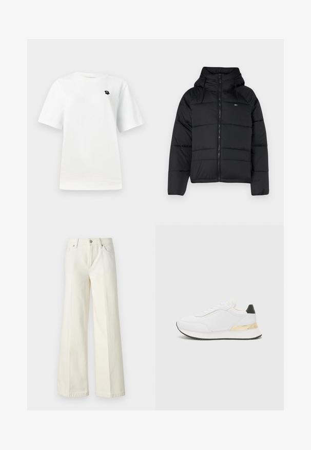 Černá péřová bunda s kapucí, vybavená předním zipem, nastavitelnými šňůrami a prošívaným designem. Měkká, lehká tkanina.; Bílý krátký rukáv tričko s malou černou grafikou na levé části hrudi, umístěné na jednoduchém světlém pozadí.; Široké bílé džíny vyrobené z bavlněné směsi. Obsahují zip, pět kapes a prošívání podél švů.; Bílé tenisky s hladkým povrchem, které mají černý akcent na patě a zlatý kovový detail na mezipodešvi. Design na zavazování, gumová podrážka.