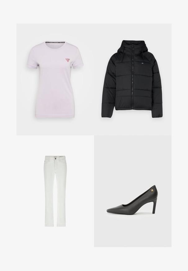 Schwarze gepolsterte Jacke mit Kapuze, ausgestattet mit einem frontalen Reißverschluss, verstellbaren Kordeln und gestepptem Design. Weicher, leichter Stoff.; Guess MINI TRIANGLE TEE - T-Shirt basic - new light lilac; Weiße Jeans in schlanker Passform, 5-Taschen-Design und kontrastierenden Nähten. Mit Knopfverschluss und subtiler Markenkennzeichnung am Bund.; Schwarze Lackleder-High-Heel-Pumps mit spitzer Zehe, versehen mit einem kleinen goldenen Logo-Detail am Absatz. Glatte Textur, elegantes Design.