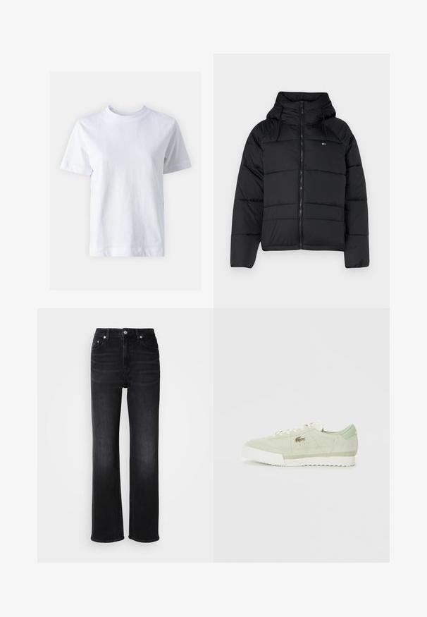 Černá péřová bunda s kapucí, vybavená předním zipem, nastavitelnými šňůrami a prošívaným designem. Měkká, lehká tkanina.; Bílá bavlněná tričko s kulatým výstřihem, krátkými rukávy, rovnym střihem a hladkou strukturou. Bez vzorů a ozdob.; Černé džíny z denimu se střihem rovného nohavice. Mají vysoký pas, pět kapes a kovové zapínání na knoflík. Diskrétní prošlý vzhled.; Světlé zelené semišové tenisky s bílou podrážkou a tkaničkami, nízký profil a malé kovové logo na boku.