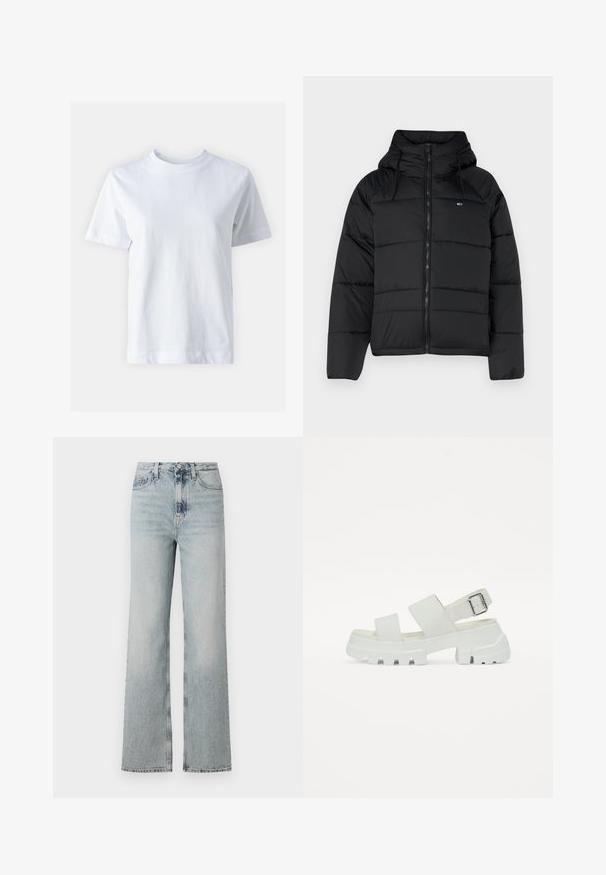 Svart polstret jakke med hette, med glidelås foran, justerbare snorer og quiltet design. Mykt, lett stoff.; Hvit bomulls t-skjorte med rund hals, korte ermer, rett snitt og glatt tekstur. Ingen mønstre eller dekorasjoner.; Høytliv, lyseblå denimjeans med vid benstil, som har fem lommer og subtil fading langs stoffet.; Hvite sandaler med en klumpete såle, med to brede stropper og en spenne detalj på ankelstroppen. Glatt tekstur, minimalistisk design.