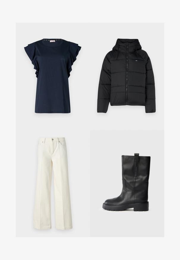 Jachetă neagră căptușită cu glugă, cu fermoar frontal, șnururi ajustabile și design matlasat. Material moale și ușor.; Tricou bleu marin cu mâneci scurte cu volane, decolteu rotund și logo-ul subtil LIU JO în culoare asortată pe partea din față. Textură a materialului neted.; Blugi albi evazați dintr-o țesătură din bumbac. Prezintă un fermoar la braguă, un design cu cinci buzunare și cusături de-a lungul cusăturilor.; Cizme din piele neagră, până la genunchi, cu un design elegant, având o talpă groasă și un mâner lateral pentru o purtare ușoară. Accente notabile de cusătură.