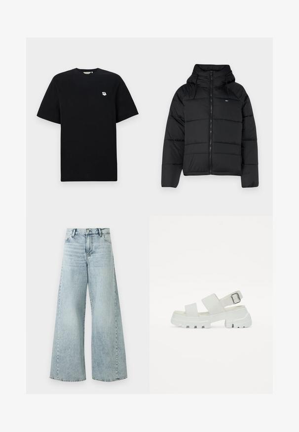 Czarna ocieplana kurtka z kapturem, wyposażona w zamek błyskawiczny z przodu, regulowane sznurki oraz pikowany wzór. Miękka, lekka tkanina.; Czarna bawełniana koszulka z krótkim rękawem, z małym białym haftem kwiatka na lewej piersi. Standardowy krój i dekolt w serek.; Jasnoniebieskie dżinsy o szerokich nogawkach z wysokim stanem, z zapięciem na guzik, pięcioma kieszeniami i postrzępionymi detailami u dołu.; Białe sandały na grubej podeszwie, wyposażone w dwa szerokie paski oraz detal z klamrą na pasku wokół kostki. Gładka faktura, minimalistyczny design.