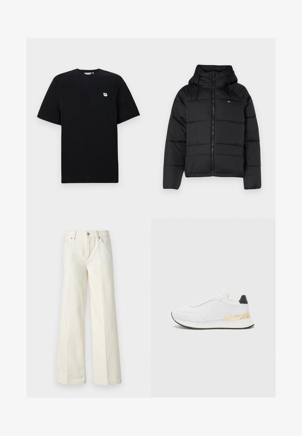 Črna podložena jakna s kapuco, ki ima sprednji zadrgo, nastavljive vrvice in kvadratni dizajn. Mehka, lahka tkanina.; Črna bombažna majica s kratkimi rokavi, ki ima majhno belo vezenje cveta na levem prsnem delu. Klasičen kroj in zasnova s krožnim izrezom.; Široke bele kavbojke so narejene iz mešanice bombaža. Imajo zadrgo, pet žepov in šive vzdolž šivov.; Bela tenisa z gladko površino, ki se ponaša z črnimi detajli na peti in zlatim kovinskim dodatkom na srednjem delu podplata. S sistemom vezalk, gumijast podplat.