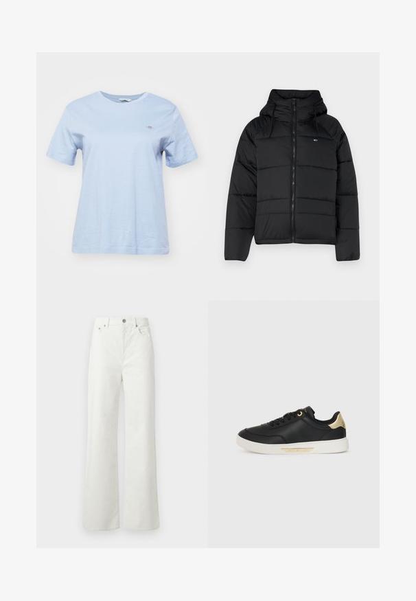 Casaco acolchoado preto com capuz, apresentando um fecho éclair frontal, cordões ajustáveis e design acolchoado. Tecido macio e leve.; GANT SHIELD - T-shirt básica - dove blue; Samsøe Samsøe SHELLY - Calças de ganga de corte relaxado - clear cream; Sapatilha preta em couro com textura suave, sola de borracha branca, detalhes em dourado no calcanhar e nos ilhós, apresentando um logotipo na lateral.