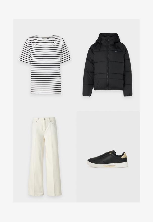 Melnas polsterētas jakas ar kapuci, ar priekšējo rāvējslēdzi, pielāgojamām auklām un izšūtu dizainu. Mīksts, viegls audums.; Balta T-kreksa ar horizontālām tumši zila svītrām, apaļu kakla izgriezumu, īsām piedurknēm un nelielu logo detaļu kreisajā piedurknē. Kokvilnas materiāls.; Platās kāju baltās džinsas, izgatavotas no kokvilnas maisījuma auduma. Tām ir rāvējslēdzēja josta, piecu kabatu dizains un šuvju izšuvumi gar šuvēm.; Melna ādas kedas ar gludu tekstūru, baltu gumijas zoli, zelta akcentiem uz papēža un acs caurumiem, ar logo sānos.