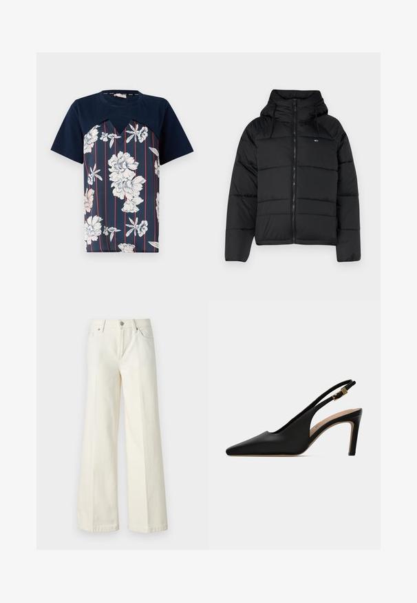 Čierna prešívaná bunda s kapucňou, má predný zips, nastaviteľné šnúrky a prešívaný dizajn. Mäkkučká, ľahká tkanina.; Námornícky modré tričko s kvetinovou potlačou v bielej a svetloružovej farbe, s vertikálnymi červenými pruhmi a výstrihom do V. Krátke rukávy.; Biele džínsy s širokými nohavicami vyrobené z bavlnenej zmesi. Majú zips, päť vreciek a švy so zafarbením.; Čierne kožené lodičky s špicatou špičkou, so slingbackom a vysokým podpätkom, s nastaviteľným zlatým prackom a béžovou vnútornou podrážkou.