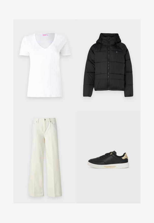 Giacca nera imbottita con cappuccio, dotata di zip frontale, lacci regolabili e design trapuntato. Tessuto morbido e leggero.; T-shirt bianco in cotone con scollo a V, maniche corte e vestibilità slim. L'etichetta sul colletto riporta la scritta "FROM FUTURE" in rosa.; Jeans bianchi a gamba larga realizzati in tessuto misto cotone. Presentano una chiusura lampo, design a cinque tasche e cuciture lungo le cuciture.; Sneaker in pelle nera con una texture liscia, suola in gomma bianca, dettagli dorati sul tallone e sui passanti dei lacci, con logo sul lato.