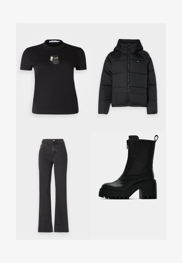 Sort polstret jakke med hætte, der har en frontend lynlås, justerbare snore og quiltet design. Blødt, letvægtsstof.; Calvin Klein Jeans PLUS DIFFUSED REGULAR TEE - T-shirts print - black; Sorte højtaljede flagrende jeans lavet af denim, med knaplukning, bæltestropper og sidelommer. Glat tekstur med minimal falming.; Sorte læder ankelstøvler med kraftig sål, blokhæl, lynlås i siden og trækflap bagpå på en ensfarvet hvid baggrund.