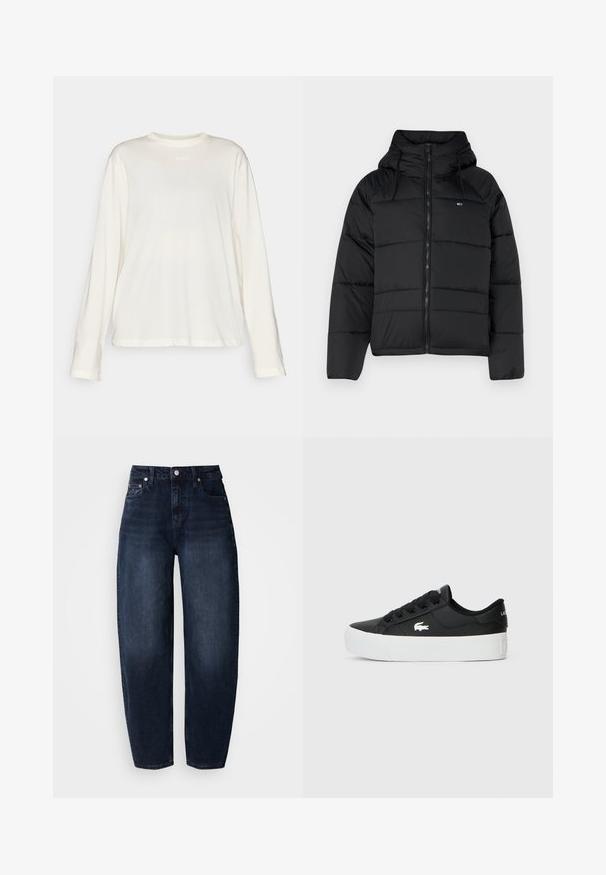 Zwarte gewatteerde jas met capuchon, voorzien van een voorrits, verstelbare koordjes en een doorgestikt ontwerp. Zacht, lichtgewicht materiaal.; Lange mouw t-shirt met ronde hals in lichtbeige katoen, voorzien van een subtiele logo op de borst en een relaxte pasvorm met rechte zoom.; Donkerblauwe denim jeans met een ontspannen pasvorm, voorzien van een hoge taille, rechte pijpen en klassiek ontwerp met vijf zakken.; Zwarte lage sneaker gemaakt van synthetisch materiaal, met een witte rubberen zool, zwarte veters en een klein wit logo aan de zijkant.