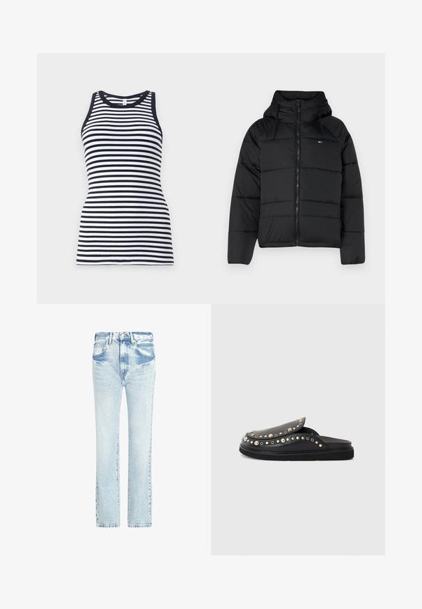 Juodas pūkų striukė su gobtuvu, su priekiniais užtrauktukais, reguliuojamomis raištelėmis ir siuvinėta struktūra. Minkšta, lengva medžiaga.; Navy ir baltos juostelės be rankovių marškinėliai su apvalia iškirpte ir audiniu su briaunomis, turintys prigludusį dizainą.; Šviesiai mėlynos džinsinės kelnės su tiesiu sijonu, penkiomis kišenėmis ir nusidėvėjusia tekstūra. Yra matoma siuvimo linija ir klasikinis mygtuko užsegimas.; Juodi odiniai slip-on bateliai su apvaliu priekiu, papuošti metaliniais nagais ir plokščiu padu su tekstūruotais grioveliais. Yra dekoratyvinė siuvimo detalė.