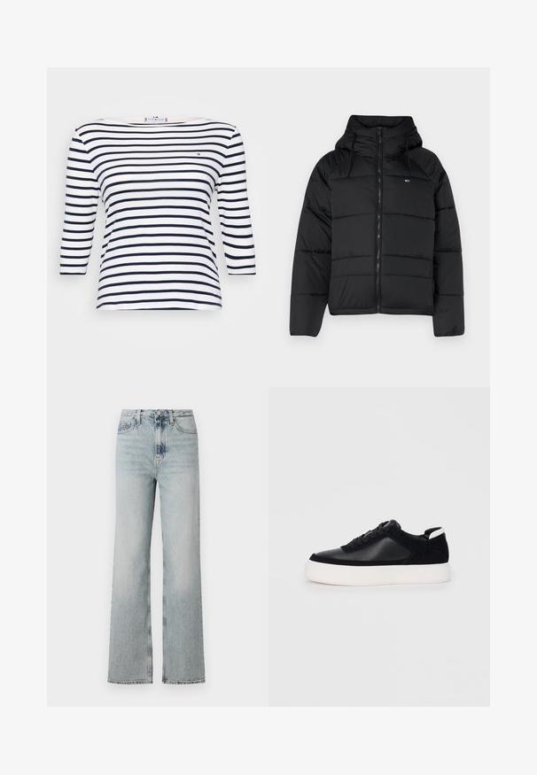 Casaco acolchoado preto com capuz, apresentando um fecho éclair frontal, cordões ajustáveis e design acolchoado. Tecido macio e leve.; T-shirt às riscas azul-marinho e branca, feita de algodão, com mangas três-quartos, gola barco e um pequeno logótipo no peito.; Jeans de denim azul claro de cintura alta, com uma silhueta de perna larga, apresentando cinco bolsos e um desbotado subtil ao longo do tecido.; Sapatilha preta com painéis de pele lisa e camurça, atacadores planos, bico arredondado e sola de borracha branca. Logótipo distinto no calcanhar.