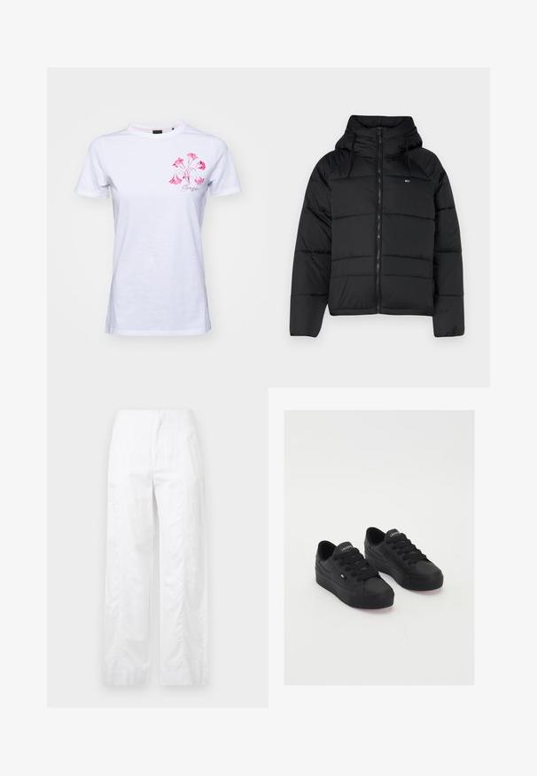 Jachetă neagră căptușită cu glugă, cu fermoar frontal, șnururi ajustabile și design matlasat. Material moale și ușor.; Tricou alb din bumbac, cu un imprimeu floral roz pe pieptul stâng, cu detalii subtile și un guler clasic.; Pantaloni albi cu croială largă, fabricați dintr-un material ușor, având o textură netedă, linii curate și un design cu talie înaltă.; Adidași negri, cu talpă joasă, fabricați dintr-un material neted, având șireturi groase, o talpă texturată și un mic logo pe lateral și pe limbă.