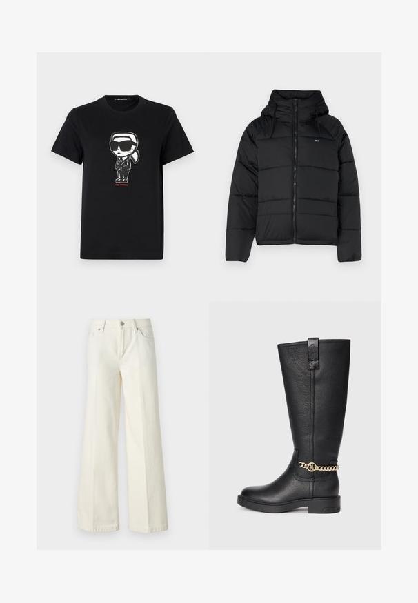 Black padded jacket with a hood, featuring a front zipper, adjustable drawstrings, and quilted design. Soft, lightweight fabric.; Black cotton t-shirt featuring a graphic of a figure in sunglasses and suit. Simple crew neck design with short sleeves. Red text below.; Wide-leg white jeans made from cotton blend fabric. Features a zipper fly, five-pocket design, and stitching along the seams.; Black leather knee-high boot with a textured finish, featuring a decorative gold chain accent and a flat rubber sole.