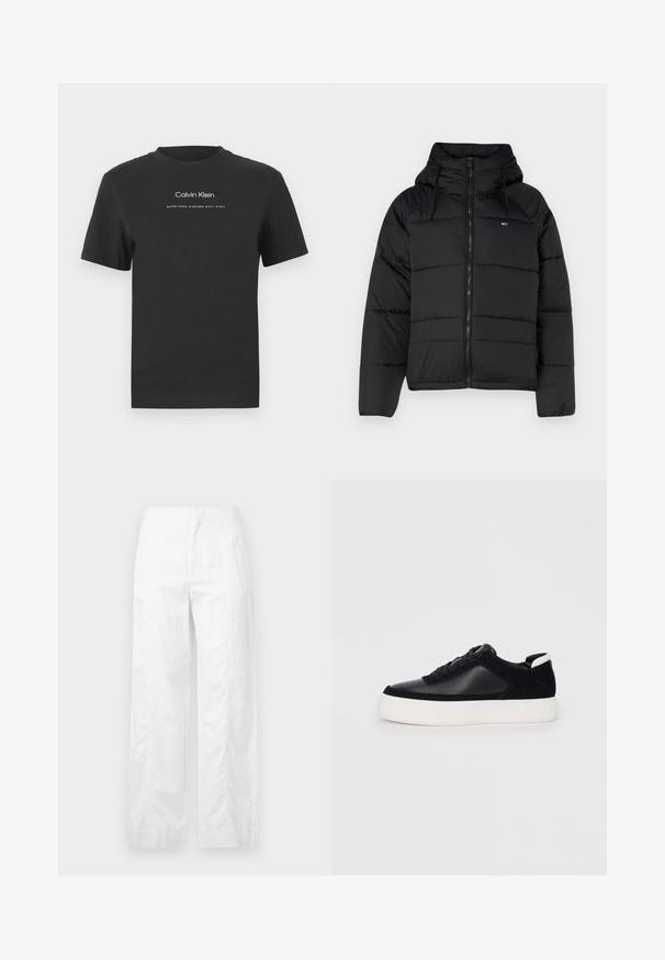 Casaco acolchoado preto com capuz, apresentando um fecho éclair frontal, cordões ajustáveis e design acolchoado. Tecido macio e leve.; T-shirt de algodão preto com decote redondo, mangas curtas e logotipo "Calvin Klein" impresso em branco, acompanhado do texto "Established 1968".; Calças brancas de perna larga feitas de um tecido leve, com uma textura suave, linhas limpas e um design de cintura alta.; Sapatilha preta com painéis de pele lisa e camurça, atacadores planos, bico arredondado e sola de borracha branca. Logótipo distinto no calcanhar.