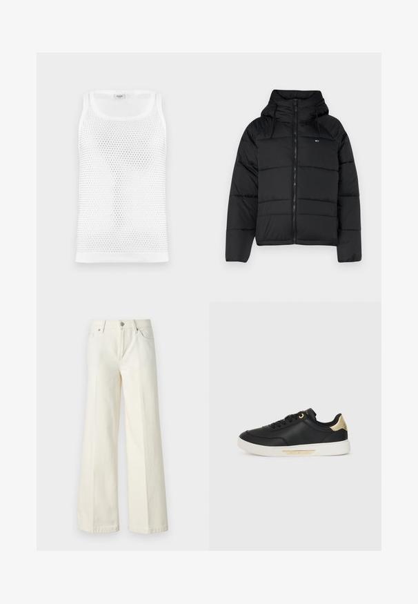 Černá péřová bunda s kapucí, vybavená předním zipem, nastavitelnými šňůrami a prošívaným designem. Měkká, lehká tkanina.; Bílý síťovaný top bez rukávů s prodyšným, texturovaným designem, kulatým výstřihem a širokými ramínky. Žádné viditelné logo.; Široké bílé džíny vyrobené z bavlněné směsi. Obsahují zip, pět kapes a prošívání podél švů.; Černé kožené tenisky s hladkou texturou, bílou gumovou podrážkou, zlatými akcenty na patě a tkaničkách, s logem na boční straně.