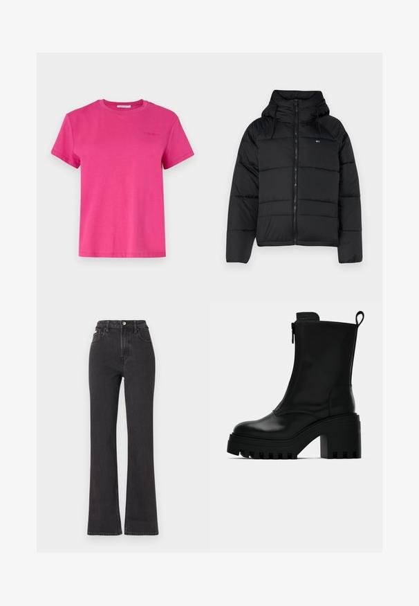 Musthave mustaga, millel on kapuuts, ees lukk, reguleeritavad nöörid ja tikitud disain. Pehme ja kerge kangas.; Roosa lühikeste varrukatega T-särk, mis on valmistatud pehmest puuvillast, ümarate kaelus ja rinnal väike reljeefne logo. Klassikaline lõige ja sile tekstuur.; Mustad kõrge vöökohaga laienevad teksapüksid, mis on valmistatud denimist, varustatud nööbiga kinnitamise, vöörihmade ja küljetaskutega. Sile tekstuur minimaalse pleekimisega.; Mustad mustan nahast pahkluu saabas, millel on jäme tulbi tall, plokk-kant, külgzip ja tõmbenööri tagaküljel, lihtsa valge taustaga.
