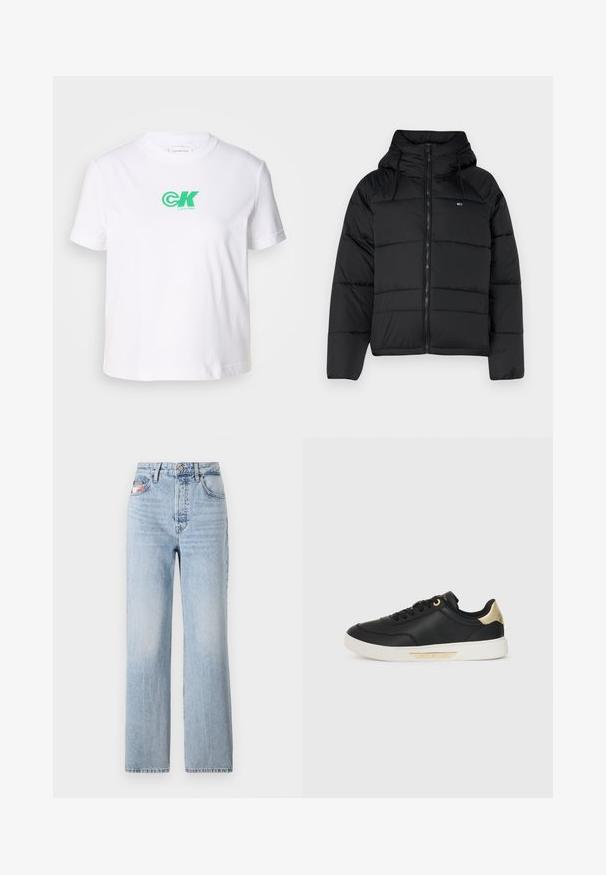 Casaco acolchoado preto com capuz, apresentando um fecho éclair frontal, cordões ajustáveis e design acolchoado. Tecido macio e leve.; T-shirt de algodão branco com gola redonda e mangas curtas, apresentando o logótipo verde da Calvin Klein na parte da frente. Design clássico de corte reto.; Jeans de cintura alta em azul claro, feitos de denim, apresentando um design com perna reta, desbotamento suave e um bolso traseiro com um detalhe estampado.; Sapatilha preta em couro com textura suave, sola de borracha branca, detalhes em dourado no calcanhar e nos ilhós, apresentando um logotipo na lateral.