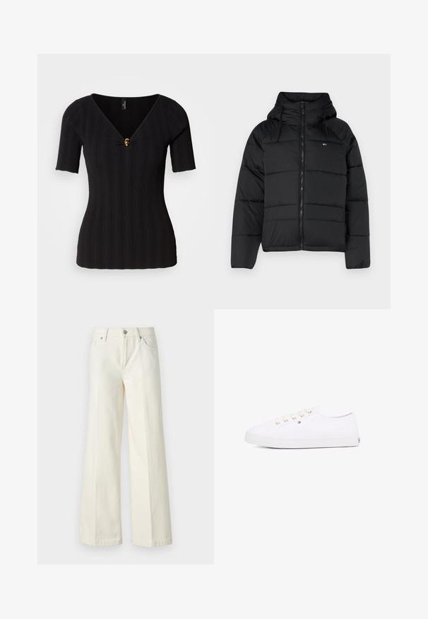 Chaqueta acolchada negra con capucha, con cremallera frontal, cordones ajustables y diseño acolchado. Tejido suave y ligero.; Top negro de punto acanalado con mangas cortas, escote en V profundo y un botón decorativo dorado en el centro; diseño ajustado.; Jeans blancos de pierna ancha hechos de una mezcla de algodón. Cuentan con una cremallera en la bragueta, diseño de cinco bolsillos y costuras a lo largo de las costuras.; Zapatillas de lona blancas con ojales dorados, cordones planos, suela de goma texturizada y un branding mínimo en el lateral. Diseño de perfil bajo.