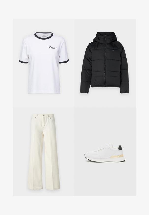 Juodas pūkų striukė su gobtuvu, su priekiniais užtrauktukais, reguliuojamomis raištelėmis ir siuvinėta struktūra. Minkšta, lengva medžiaga.; Balta medvilnė marškiniai su juodu apykaklės ir rankovių kraštu. Pasižymi siuvinėtu "Coach" logo ant krūtinės. Trumpomis rankovėmis, laisvas pasėlis.; Platūs balti džinsai, pagaminti iš medvilnės mišinio. Yra užtrauktukas, penkių kišenių dizainas ir siūlės išsiuvinėjimas.; Balti sportbačiai su lygiu paviršiumi, su juodu kulno akcentu ir auksiniu metaliniu detaliu ant tarpiklio. Laidiška konstrukcija, guminis padas.