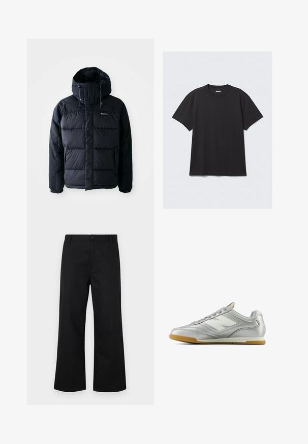 Svart, puffy jakke med hette, med quiltede seksjoner, høy krage og glidelåslommer. Laget av vannavstøtende materiale.; Svart kortermet t-skjorte laget av bomull. Har rund hals og en avslappet passform. Enkelt design uten synlige mønstre eller aksenter.; Svart, vide benbukser laget av glatt stoff. Har en knappens frontlukkning og standard midjebånd. Minimalistisk design, ingen synlige mønstre.; Sølv idrettssko med en glatt, blank overflate, hvit logo på siden, teksturerte grå snører, og såle av gummigummi.