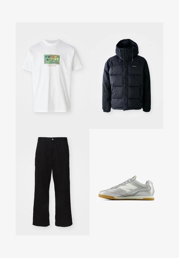 Chaqueta negra acolchada con capucha, que presenta secciones acolchadas, un alto cuello y bolsillos con cremallera. Fabricada con material resistente al agua.; Camiseta de algodón blanca con un gráfico ilustrado colorido de plantas y frutas. El texto en la parte inferior dice "CREAM OF THE CROP CARHARTT WIP 1989".; Pantalones de pierna ancha negros fabricados en una mezcla de algodón, con cierre de botón y corte recto con costuras mínimas visibles.; Zapatilla deportiva plateada con una superficie suave y brillante, logotipo blanco en el lateral, cordones texturizados en gris y suela de goma.